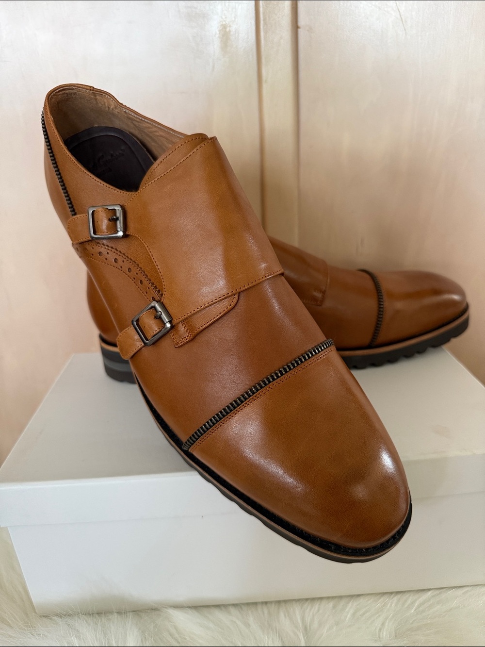 Robert Graham Acadia 13D Tan Double Monk Strap Zipper Trim Leather Oxfords